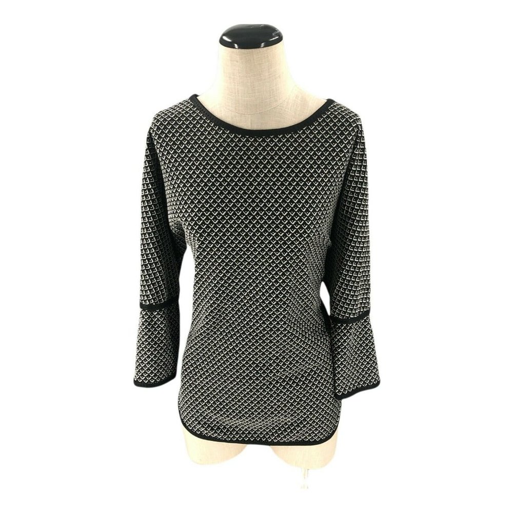 Max Studio Womens Blouse Large Black Tunic Trim 3/4 Sleeve Scoop Neck Boyfriend